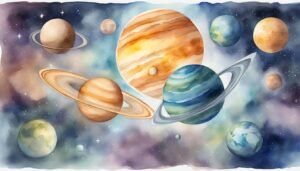 Watercolor painting of various colorful planets in space