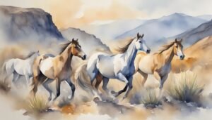 Watercolor painting of three horses running in the wilderness.