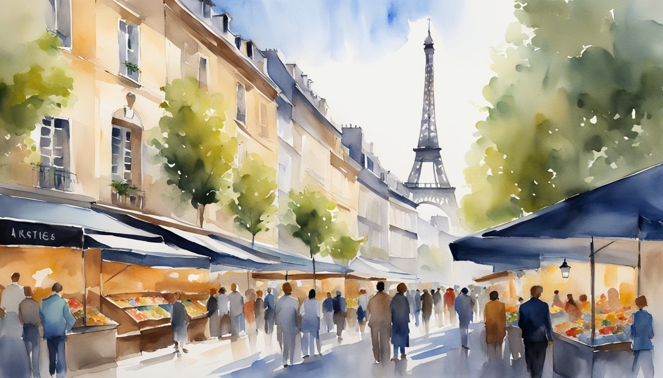 Watercolor of Paris street market near Eiffel Tower.