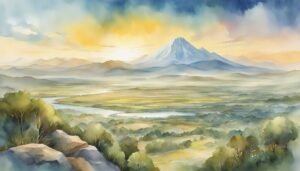 Watercolor landscape of mountain overlooking misty valley.