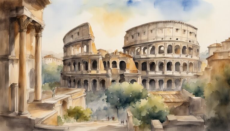 Watercolor painting of the Colosseum in a historic setting.