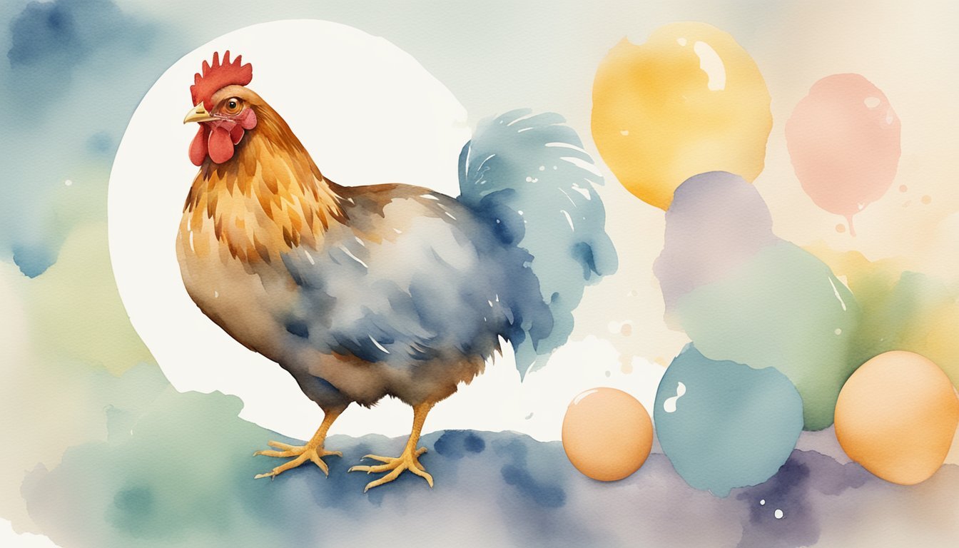 Watercolor illustration of a chicken with eggs and balloons.