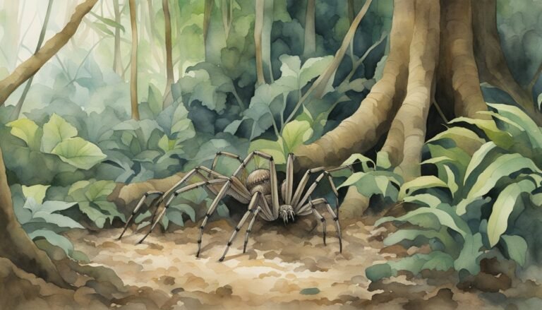 Watercolor of spider in lush, green forest.