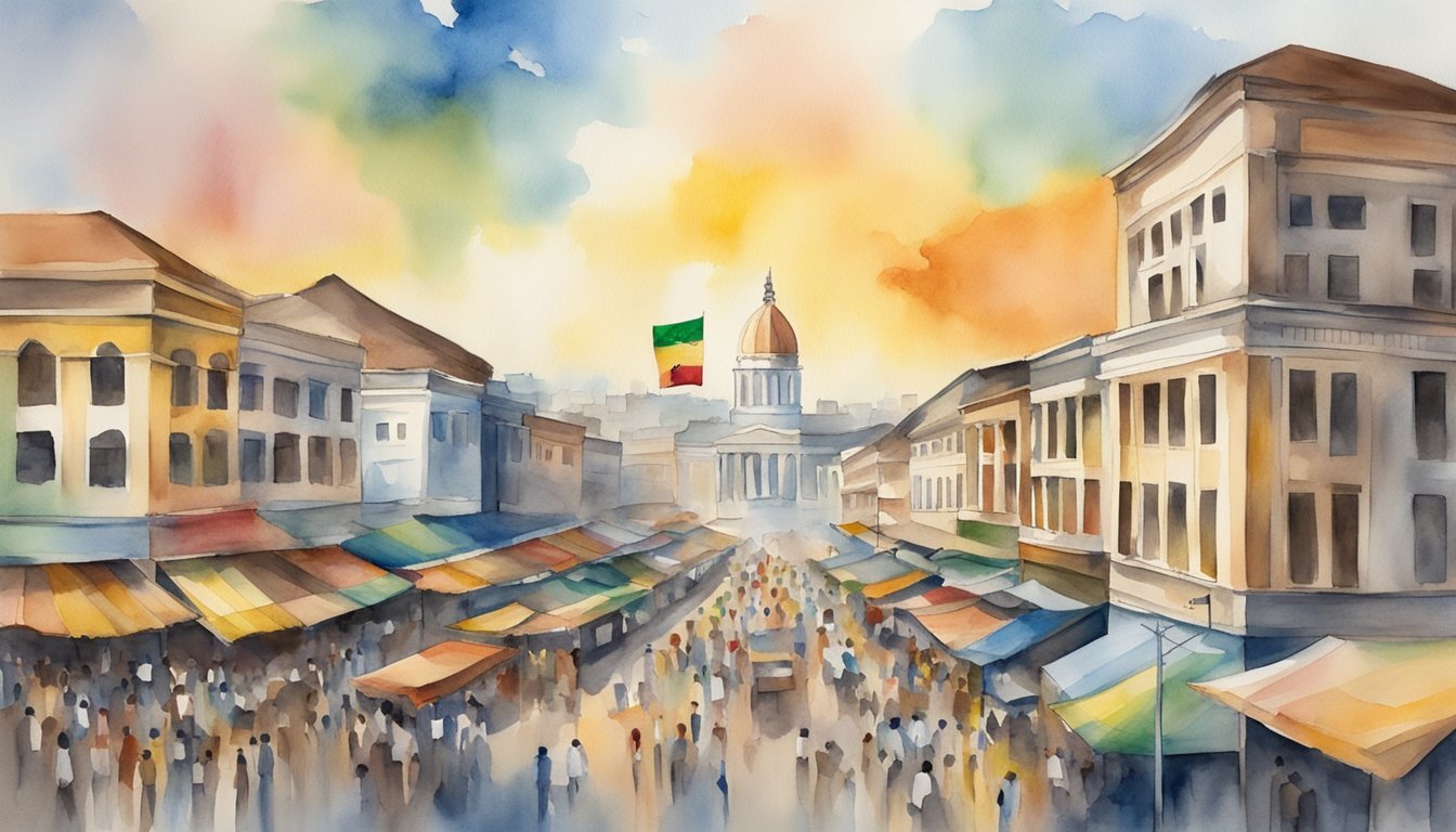 Colorful watercolor of bustling city square with historic buildings.