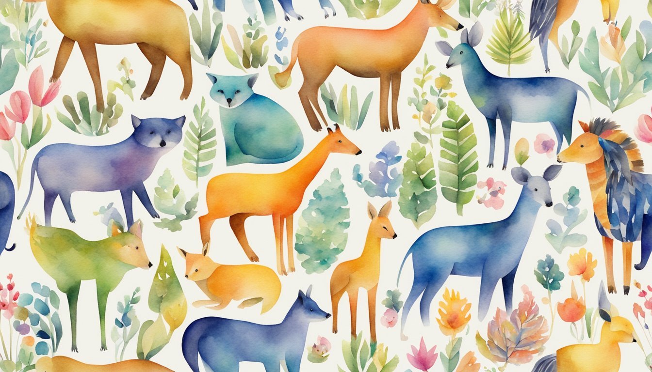 Colorful watercolor illustration of various forest animals and plants.