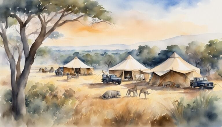 Safari camp with tents, vehicles, and wildlife in landscape.