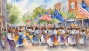 Vibrant street parade with flags and traditional attire.