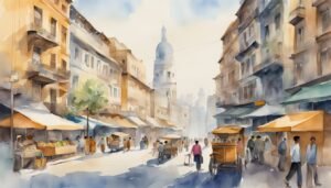 Watercolor painting of bustling street market with old architecture.