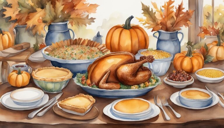 Thanksgiving feast with turkey and seasonal dishes watercolor illustration