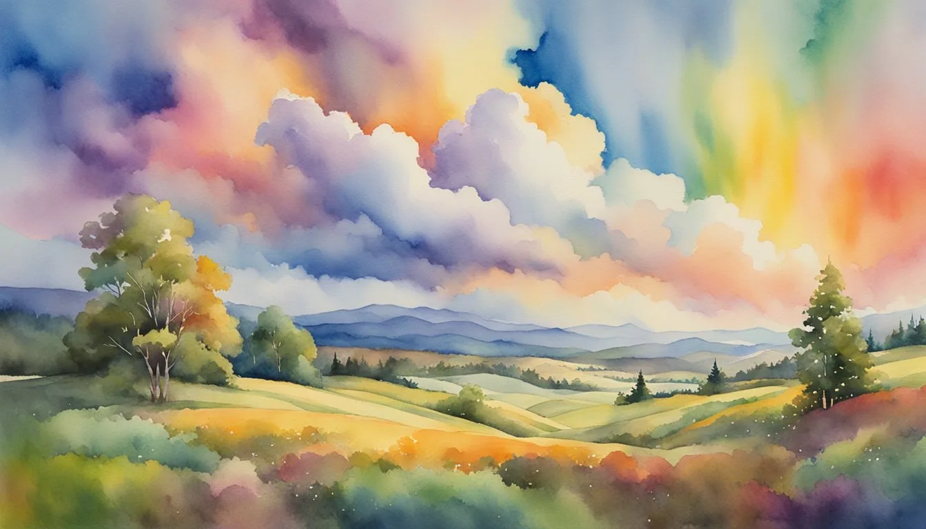 Colorful watercolor landscape with vibrant sunset clouds.