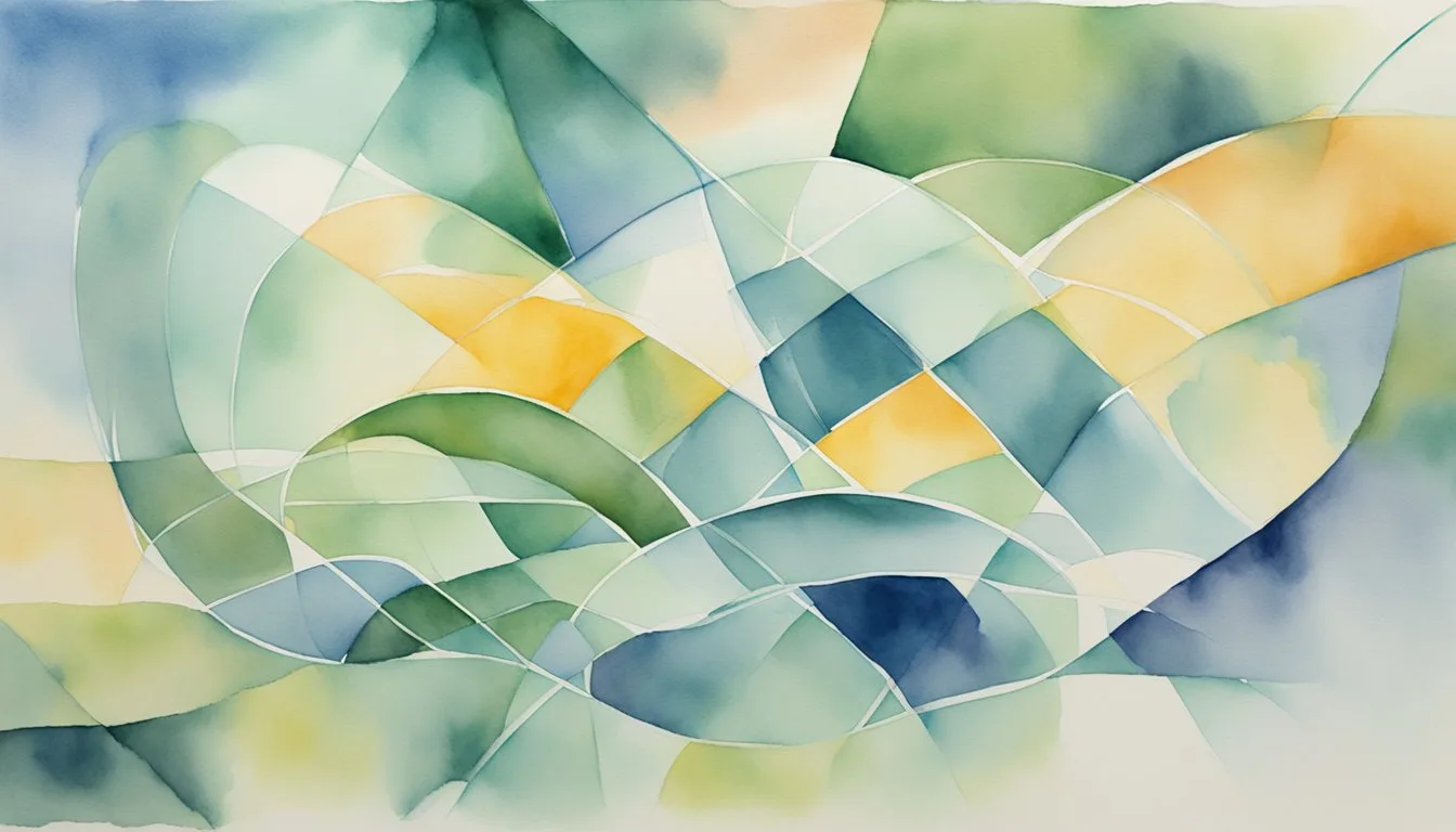Abstract watercolor painting with flowing shapes and soft colors.