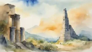 Watercolor painting of ancient ruins in misty landscape.