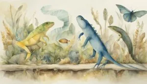 Colorful watercolor of reptiles and butterfly in forest setting.