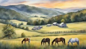 Pastoral landscape with horses and barns at sunrise.