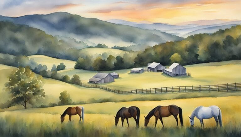 Pastoral landscape with horses and barns at sunrise.
