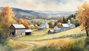 Rural autumn landscape with church and barns in watercolor.