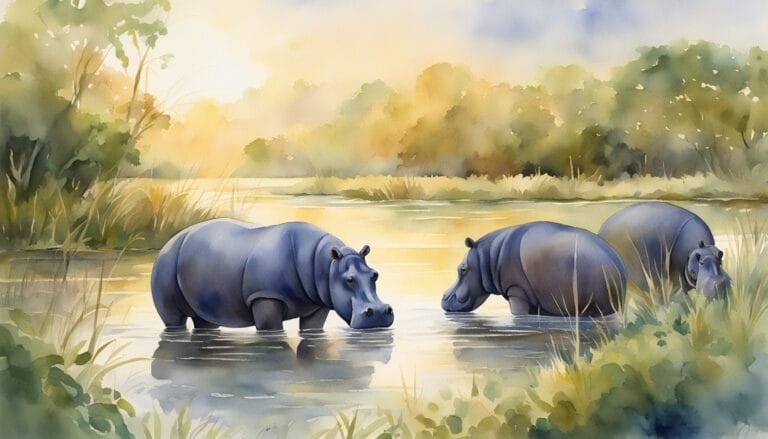 Two hippos wading in serene, watercolor river landscape.