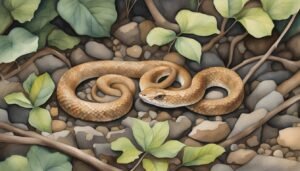 Watercolor illustration of snake in natural, rocky habitat.