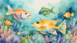 Colorful fish swimming in underwater watercolor scene.