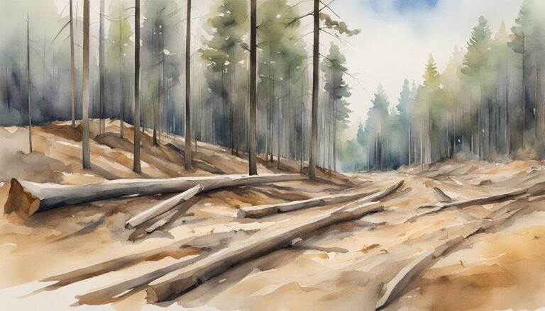 Watercolor painting of a forest with fallen trees.