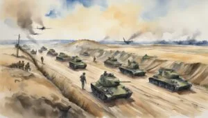 Watercolor painting of military tanks and planes in action.