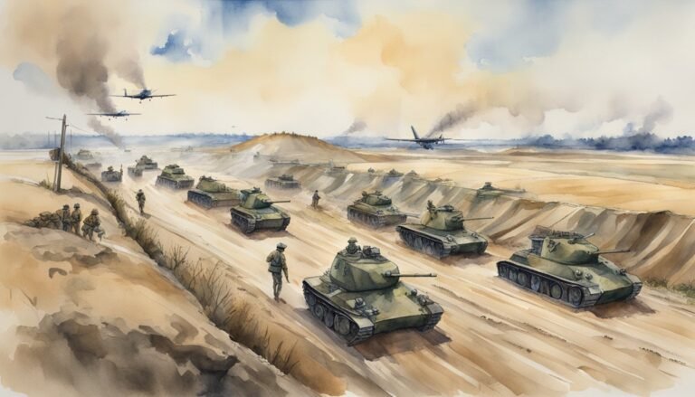 Watercolor painting of military tanks and planes in action.