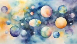 Colorful watercolor celestial spheres in abstract cosmic arrangement.