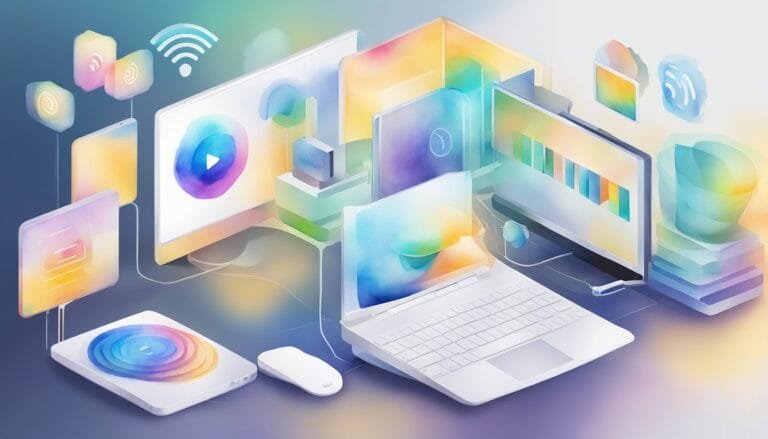 Colorful digital devices with floating icons and wireless symbols.