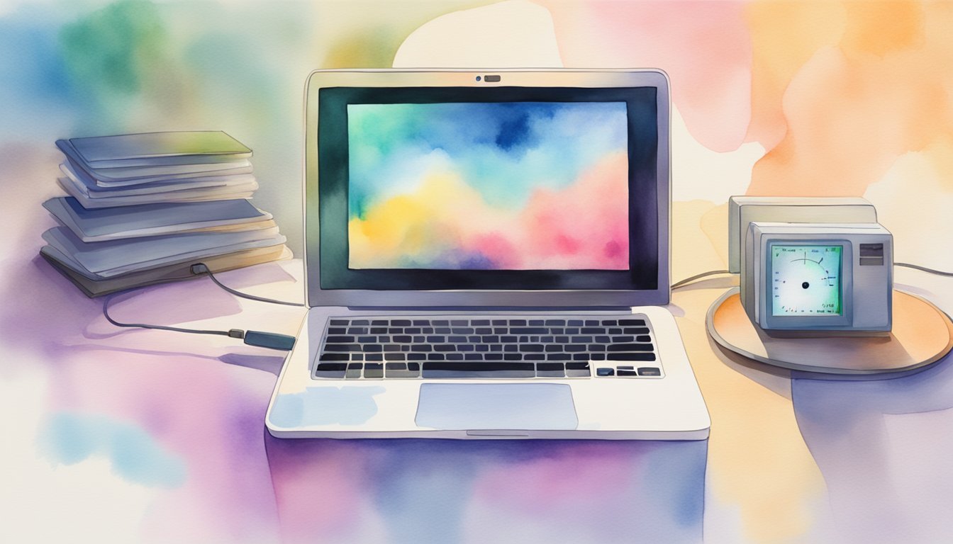 Colorful watercolor illustration of laptop, books, and old monitor.