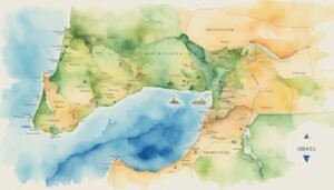 Watercolor map showing fictional regions near Israel.