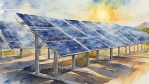 Watercolor painting of solar panels at sunrise.