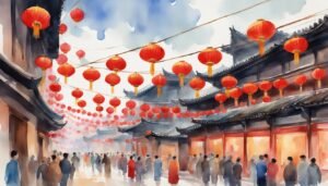 Watercolor painting of bustling street with red lanterns.