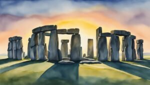 Watercolor painting of Stonehenge at sunrise