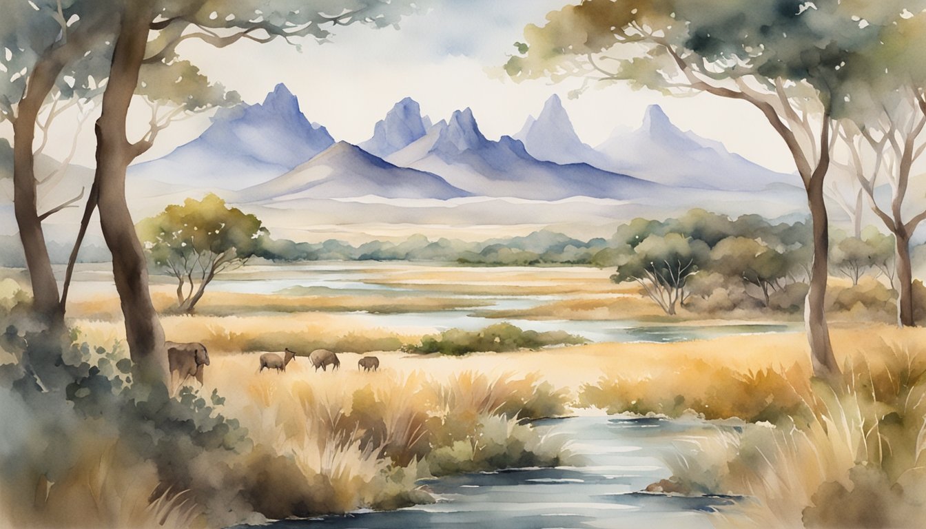 Watercolor landscape with mountains, river, and grazing elephants.