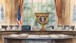 Watercolor illustration of a stately government office interior.