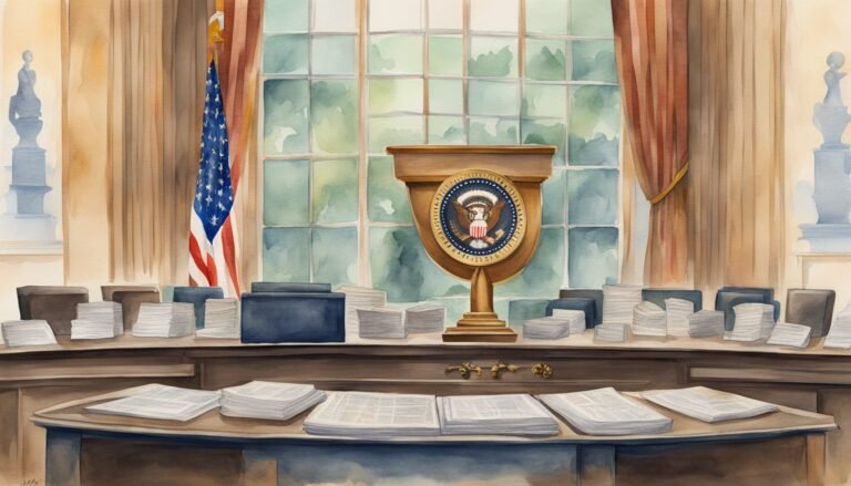 Watercolor illustration of a stately government office interior.