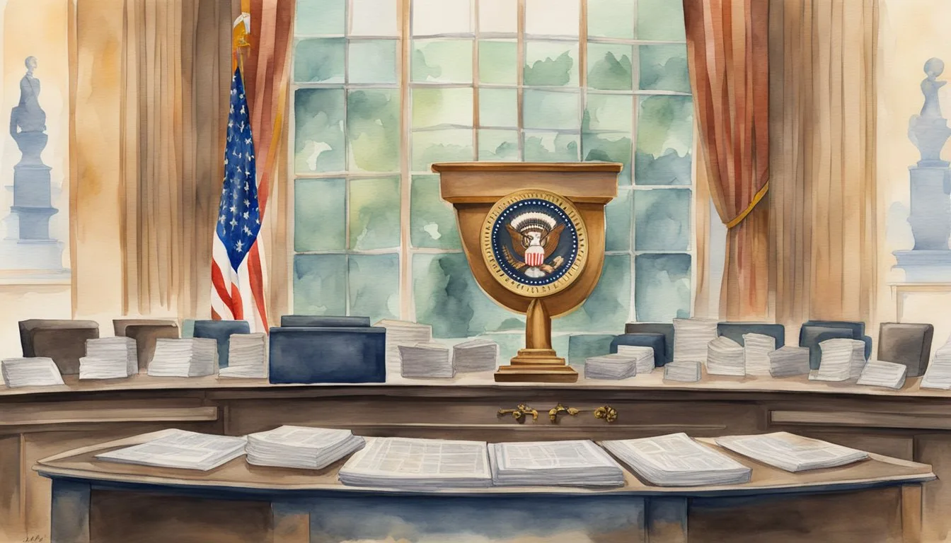 Watercolor illustration of a stately government office interior.