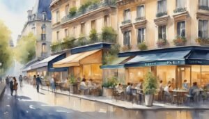 Watercolor of bustling Parisian sidewalk café scene.