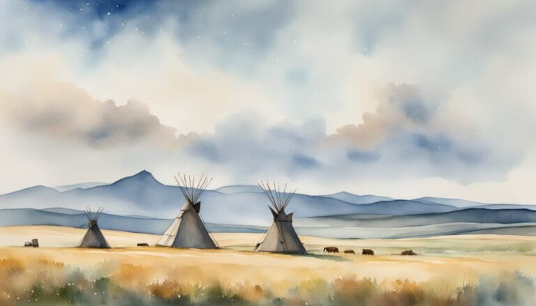 Watercolor painting of teepees in a serene landscape.