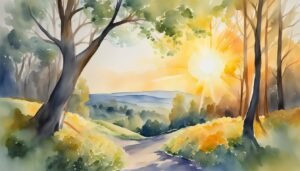 Sunrise over lush, scenic watercolor-painted landscape.