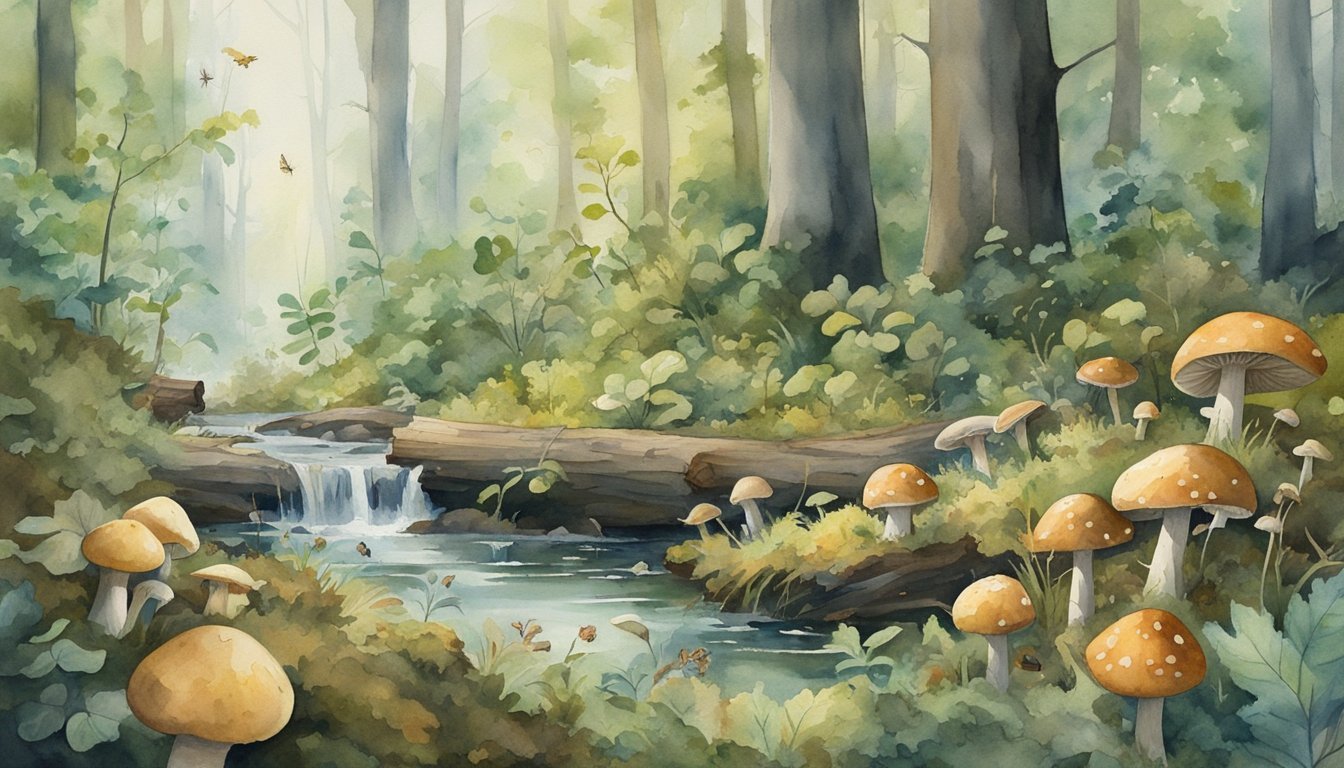 Enchanting forest stream with mushrooms and watercolor trees.