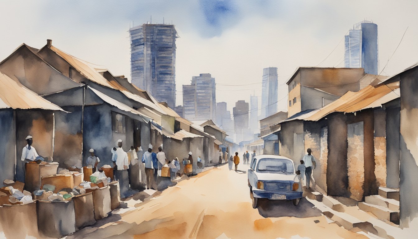 Watercolor painting of urban street market with skyscrapers background.