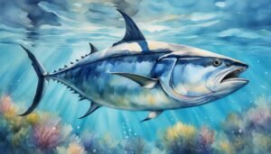 Watercolor illustration of a large tuna in ocean scene.