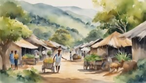 Rural market scene with villagers and carts, watercolor painting.