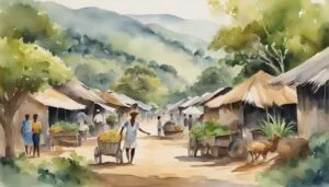 Rural market scene with villagers and carts, watercolor painting.