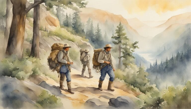 Hikers trekking through misty mountain landscape painting.