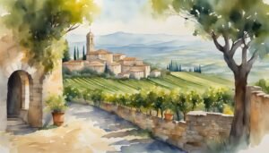 Watercolor painting of a Tuscan landscape with village.