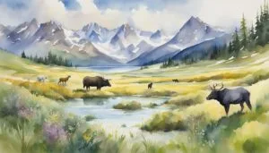 Watercolor painting of wildlife in a mountainous landscape