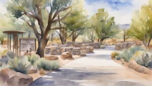 Watercolor painting of scenic park entrance with trees and pathway.