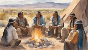 Indigenous people discussing around a campfire in desert.